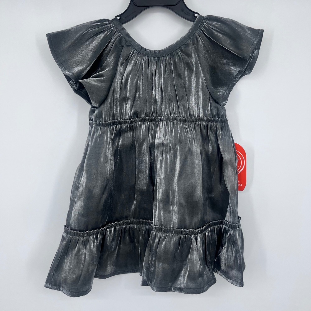 Gunmetal Silver Metallic Tiered Flutter Sleeve Dress Girls 18M Holiday Festive